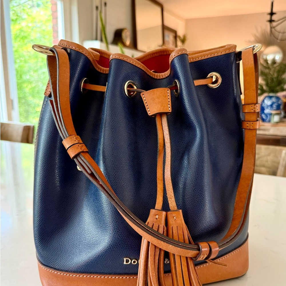 Dooney & Bourke Navy and Tan Leather Bucket Bag